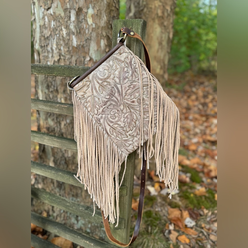 Champagne Tooled Leather Purse with Playful 12" Fringe - Handmade in USA